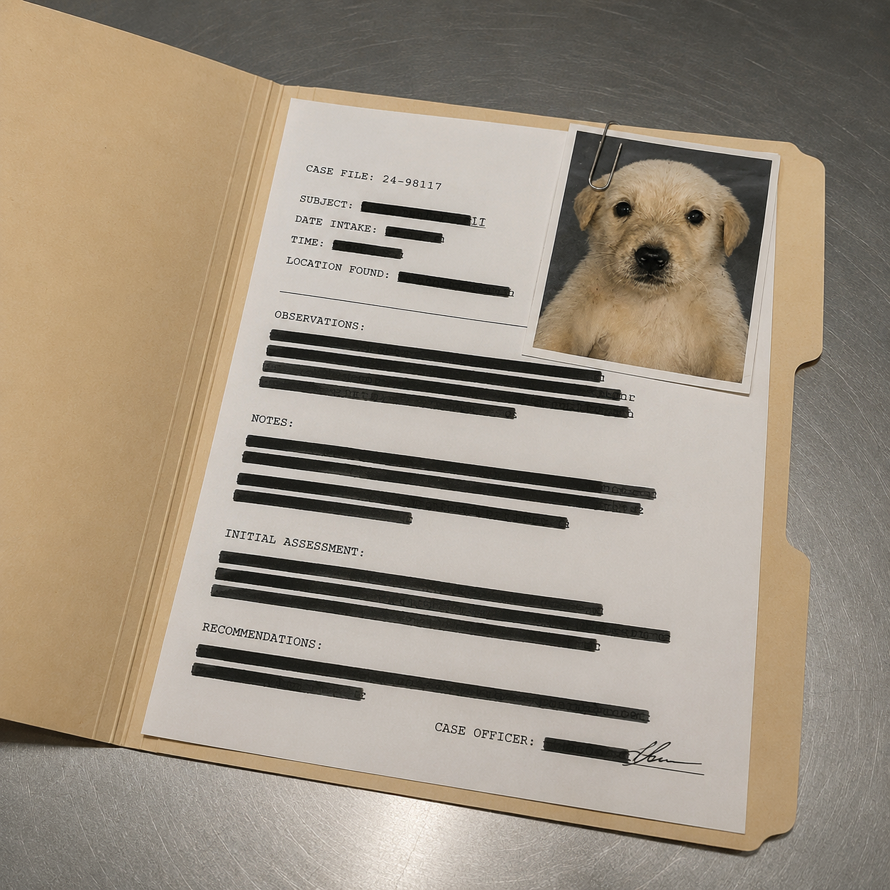 An open case folder with a clipped photo and heavily redacted typed lines